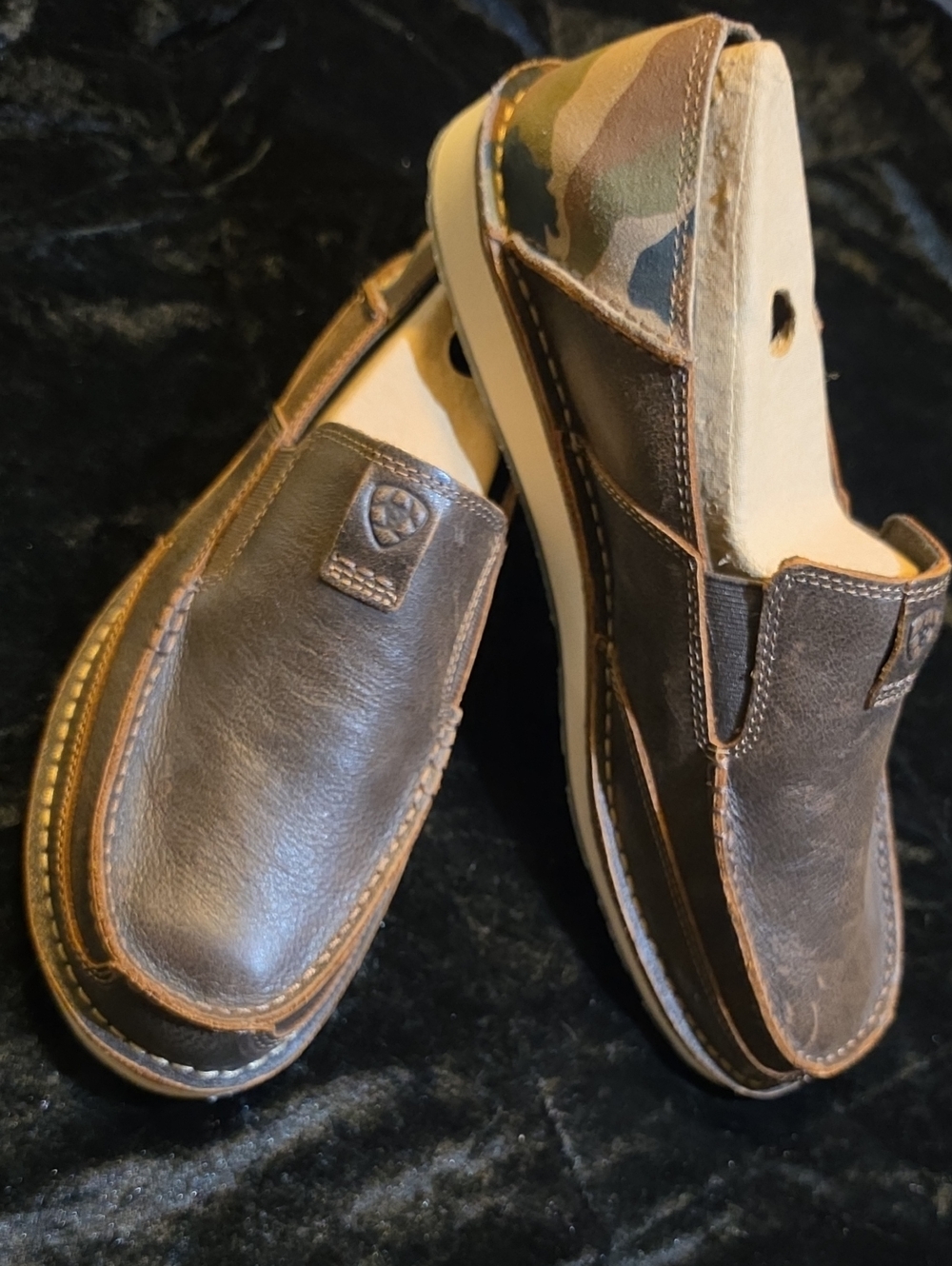 Ariat Brown Leather Slip-On Loafers with Camo Heel Accent